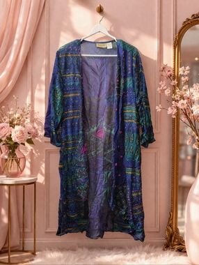 NWT Midnight Velvet 1XL Teal & Purple Patterned Silk Duster Kimono